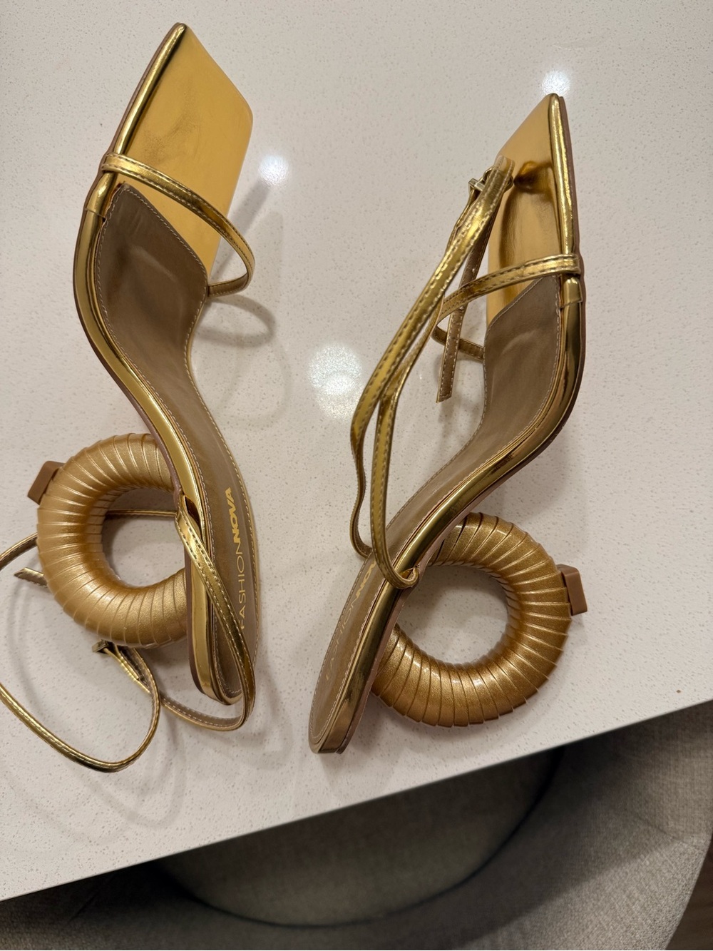 Fashion Nova Metallic Gold Coil-Heel Strappy Sandals